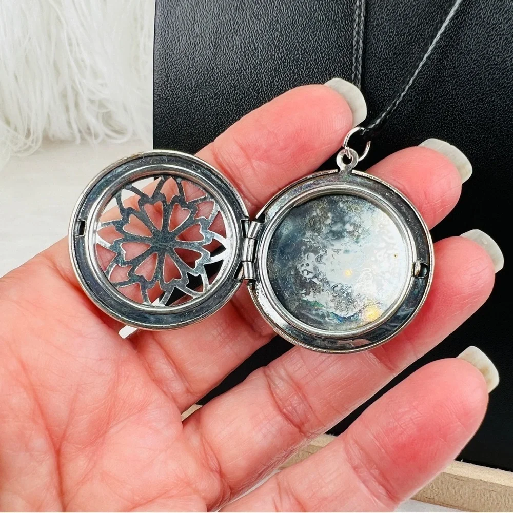 Vintage silvertone aged cutout locket pendant + Free 16” cord necklace